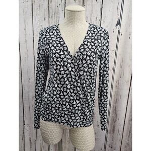 NEW NWT Michael Kors XS Black Floral Faux Wrap Top Shirt Surplice V-Neck Stretch